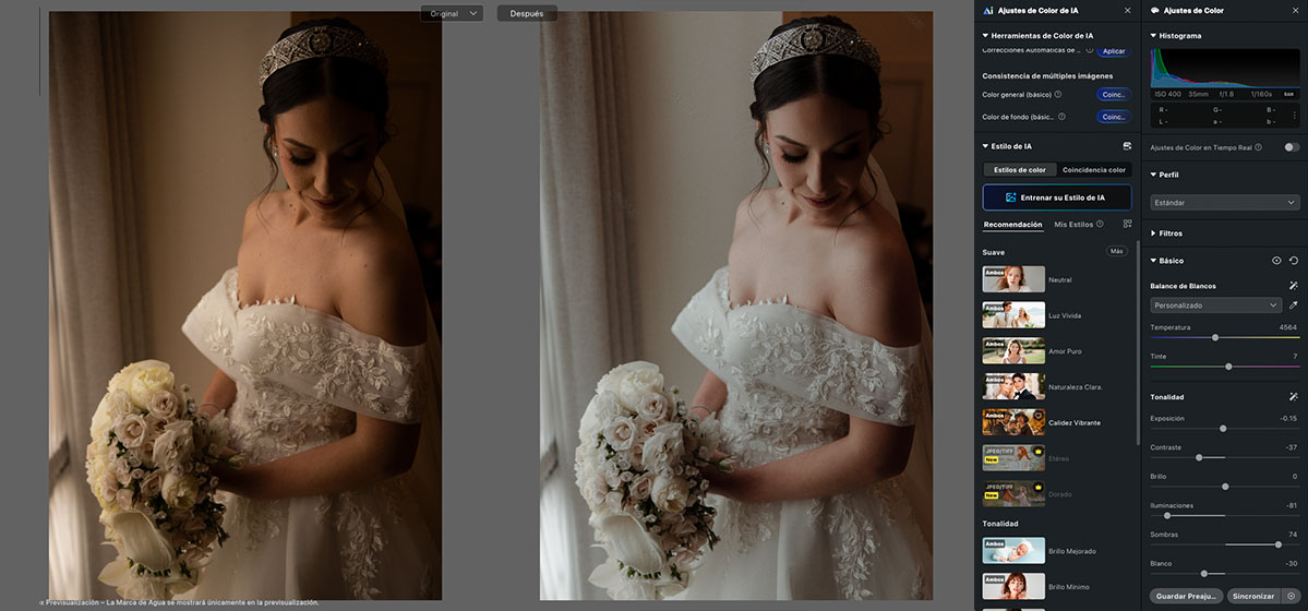 Coincidencia de color en fotografías de boda dentro de Evoto